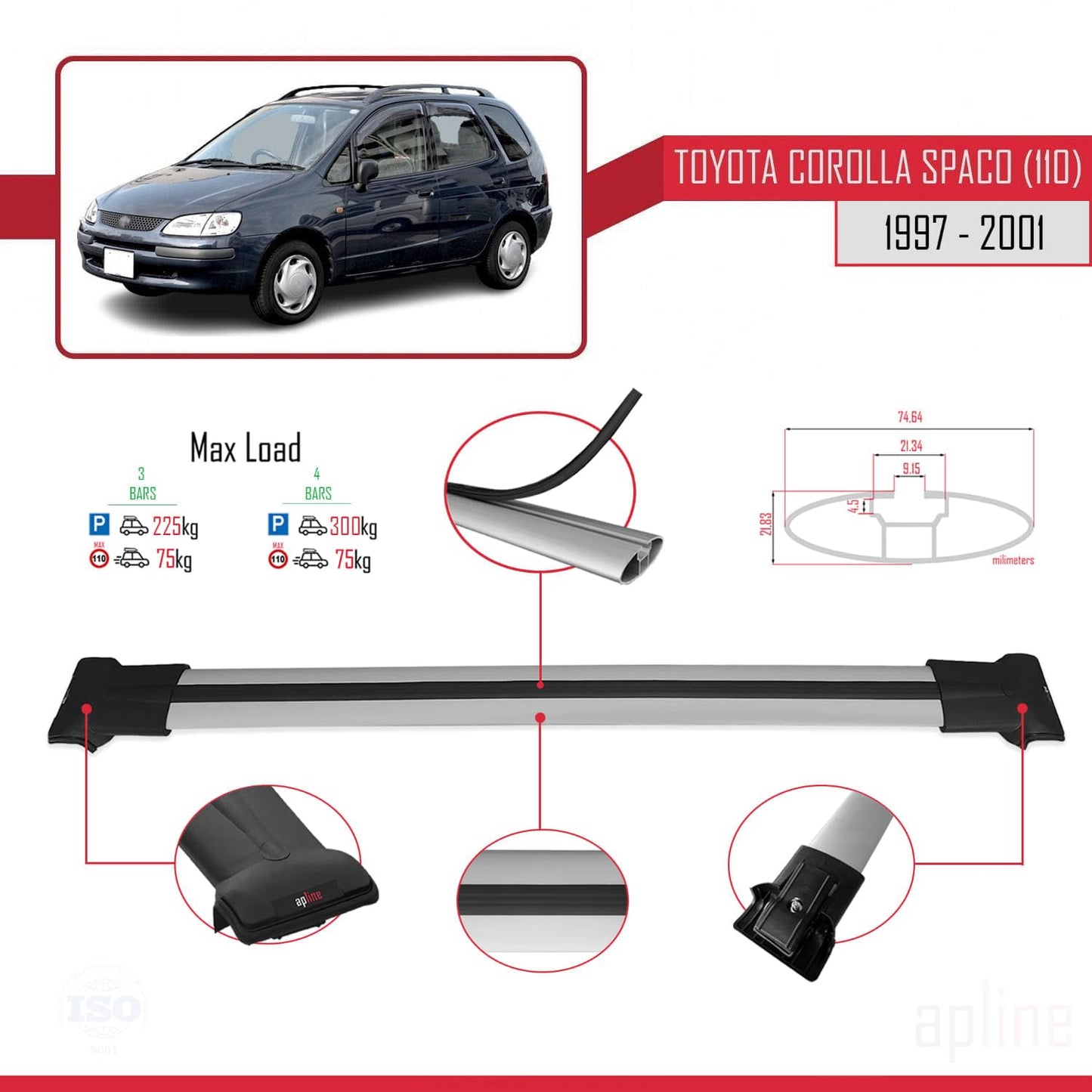 Compatible with Toyota Corolla Spacio (E110) 1997-2001 Fly Model Car Roof Rack Cross Bar Grey Aluminium 3 Bars