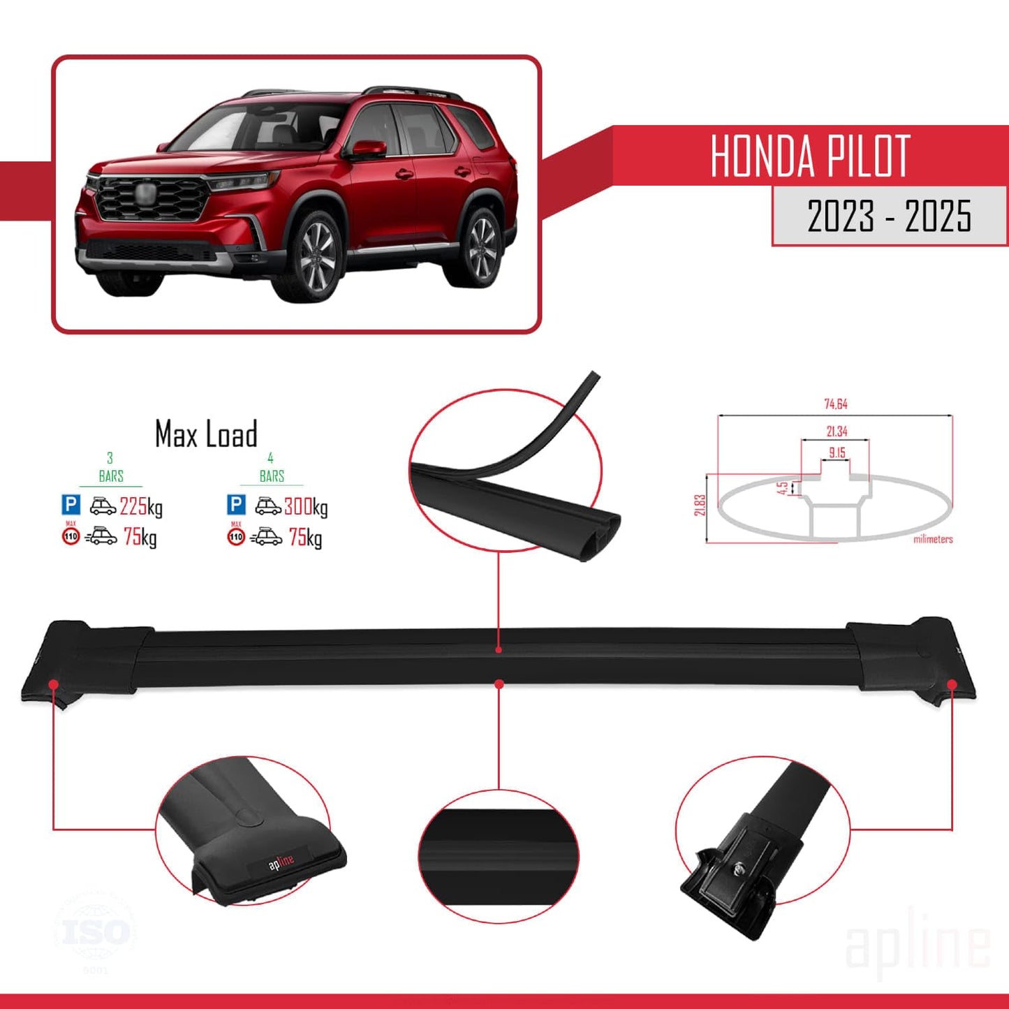 Compatible with Honda Pilot 2023-2025 Fly Model Car Roof Rack Cross Bar Black Aluminium 3 Bars