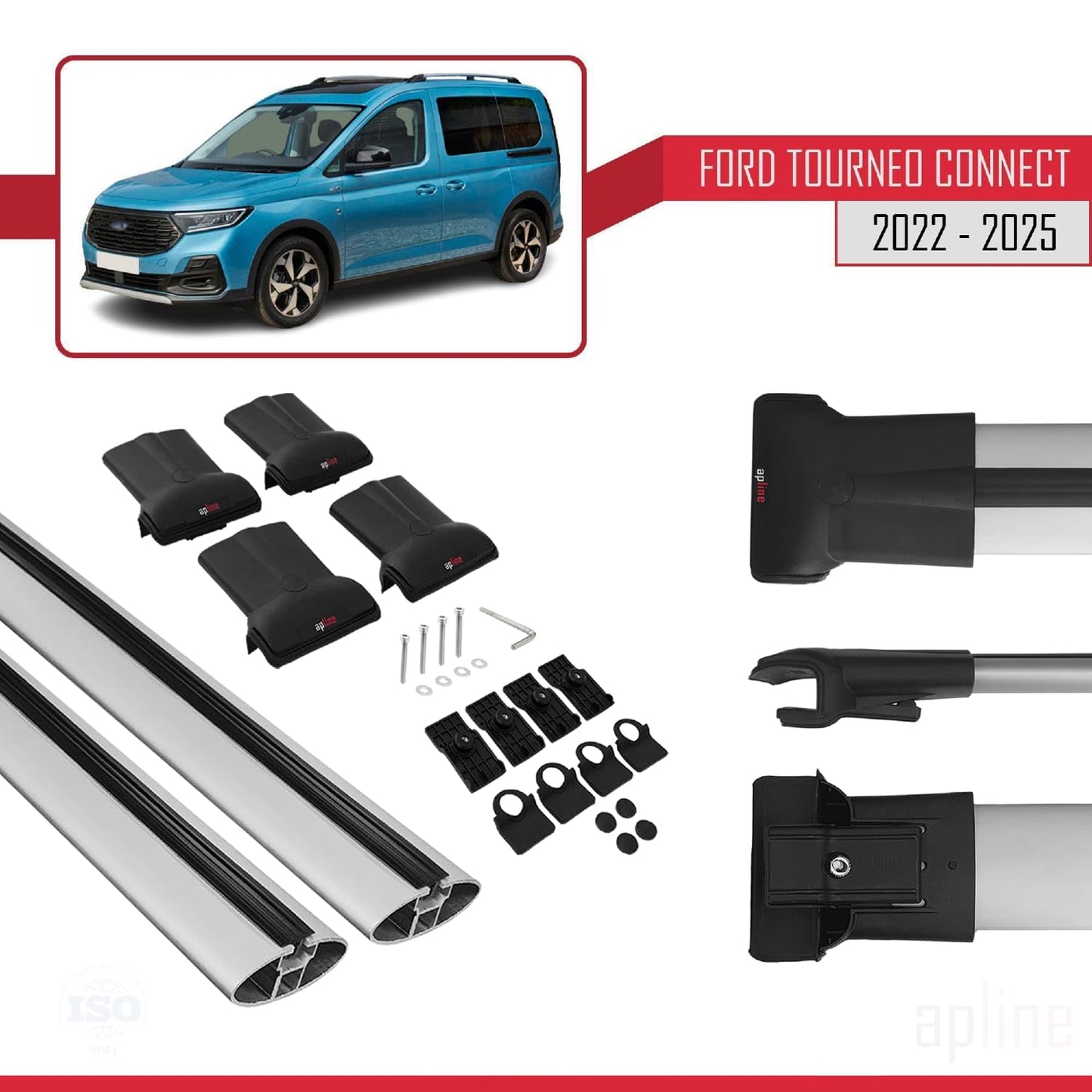 Compatible with Ford Transit/Tourneo Connect 3 2022-2025 Fly Model Car Roof Rack Cross Bar Grey Aluminium 2 Bars