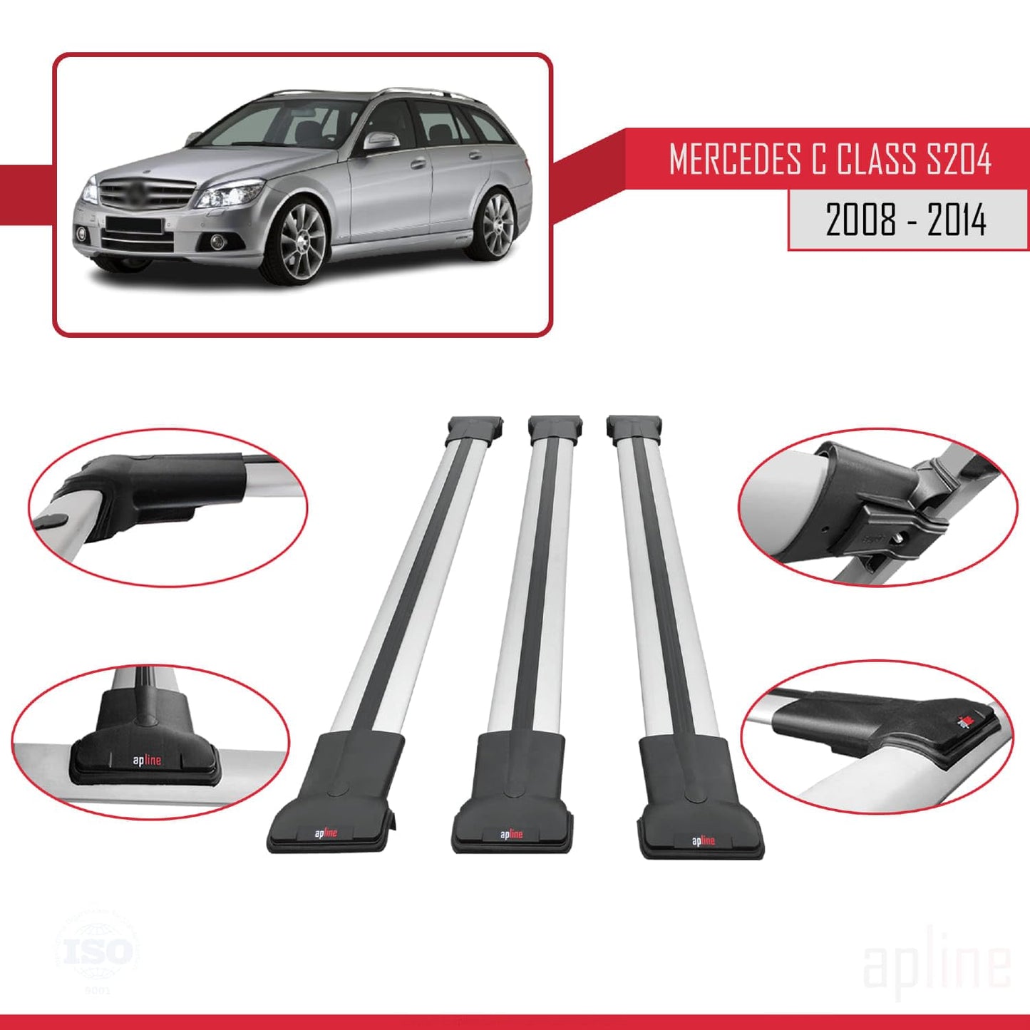 Compatible with Mercedes C Class 3 (S204) 2008-2014 Fly Model Car Roof Rack Cross Bar Grey Aluminium 3 Bars