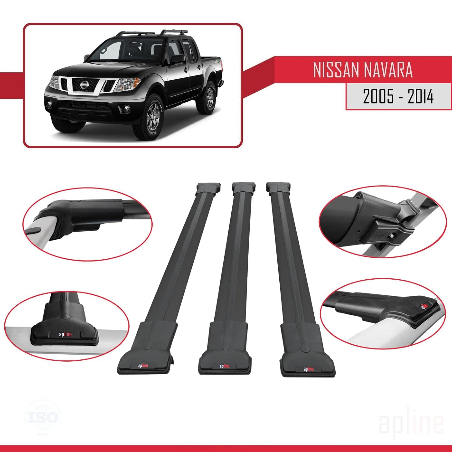 Compatible with Nissan Navara 3 (D40) 2005-2014 Fly Model Car Roof Rack Cross Bar Black Aluminium 3 Bars