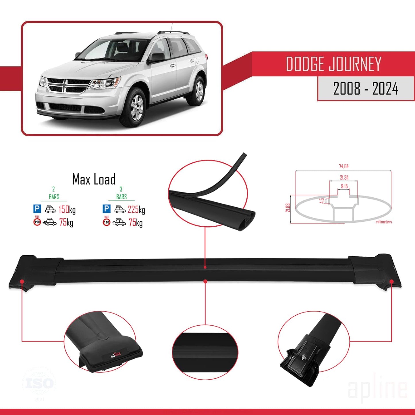 Compatible with Dodge Journey 2008-2024 Fly Model Car Roof Rack Cross Bar Black Aluminium 2 Bars