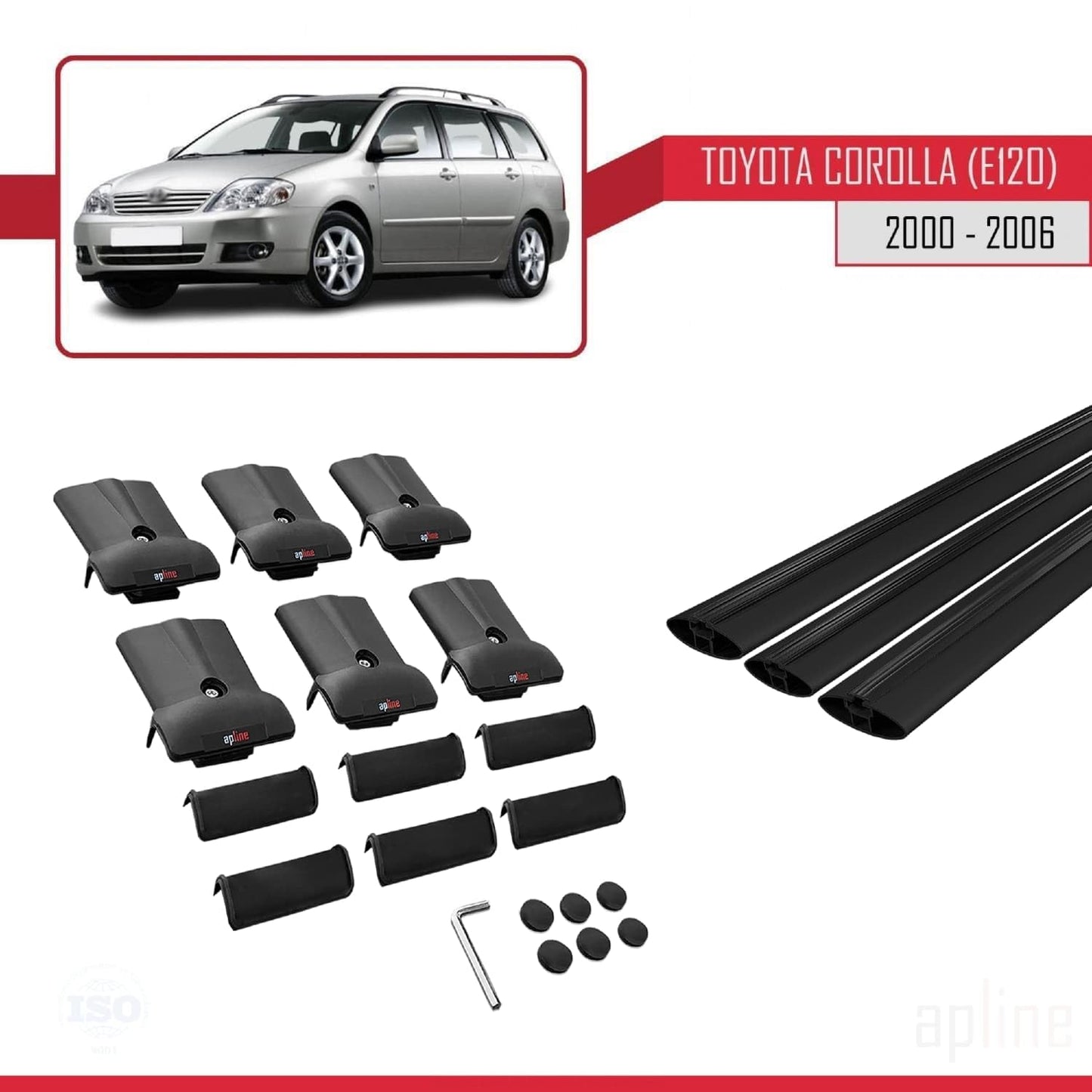 Compatible with Toyota Corolla 9 (E120) SW 2000-2006 Fly Model Car Roof Rack Cross Bar Black Aluminium 3 Bars
