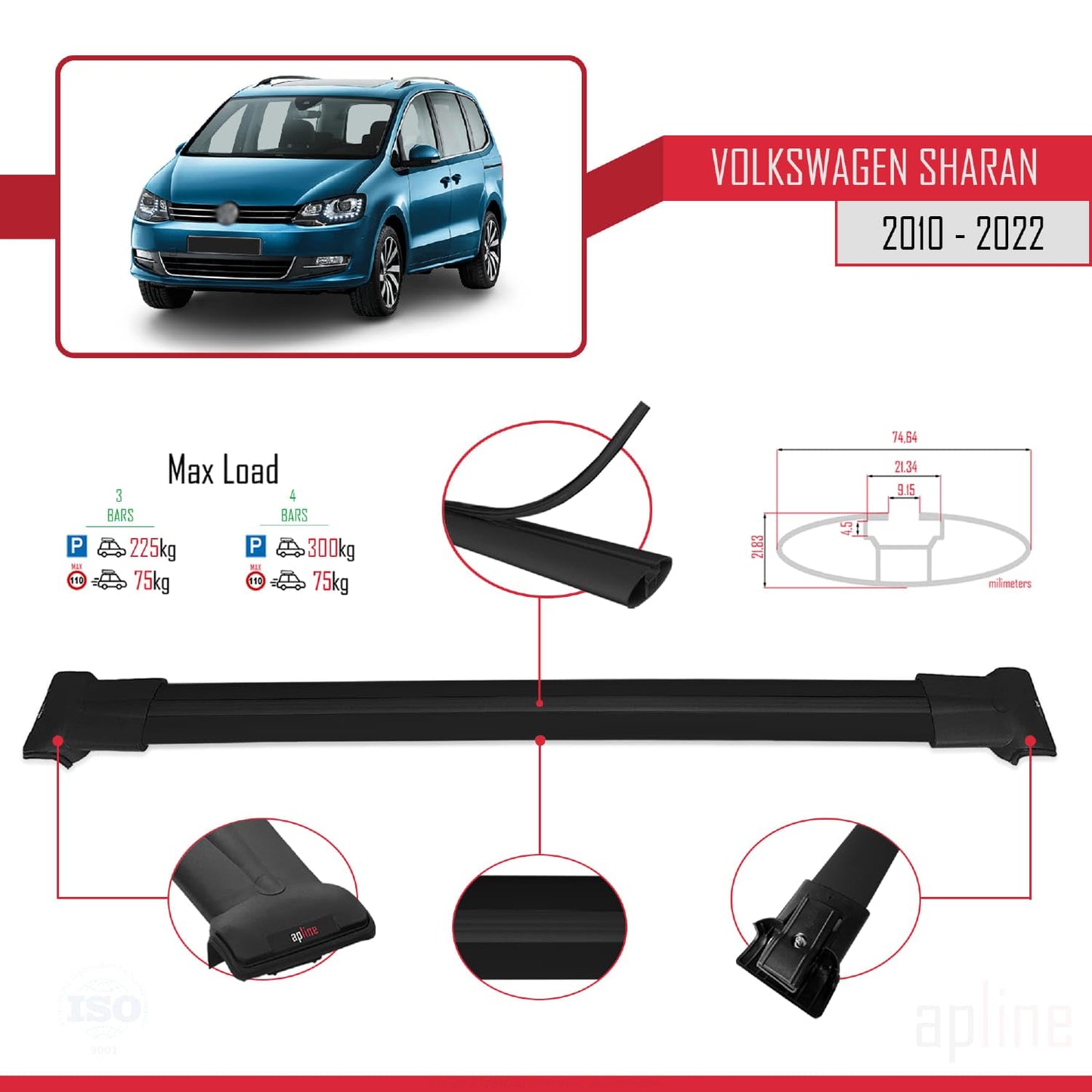 Compatible with Volkswagen Sharan 2 (7N) 2010-2022 Fly Model Car Roof Rack Cross Bar Black Aluminium 3 Bars