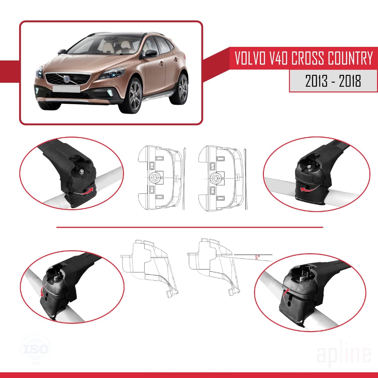 Compatible with Volvo V40 Cross Country 2013-2018 ACE-2 Car Roof Rack Cross Bar Black Aluminium 2 Bars
