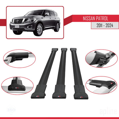 Compatible with Nissan Patrol 6 (Y62) 2011-2024 Fly Model Car Roof Rack Cross Bar Black Aluminium 3 Bars