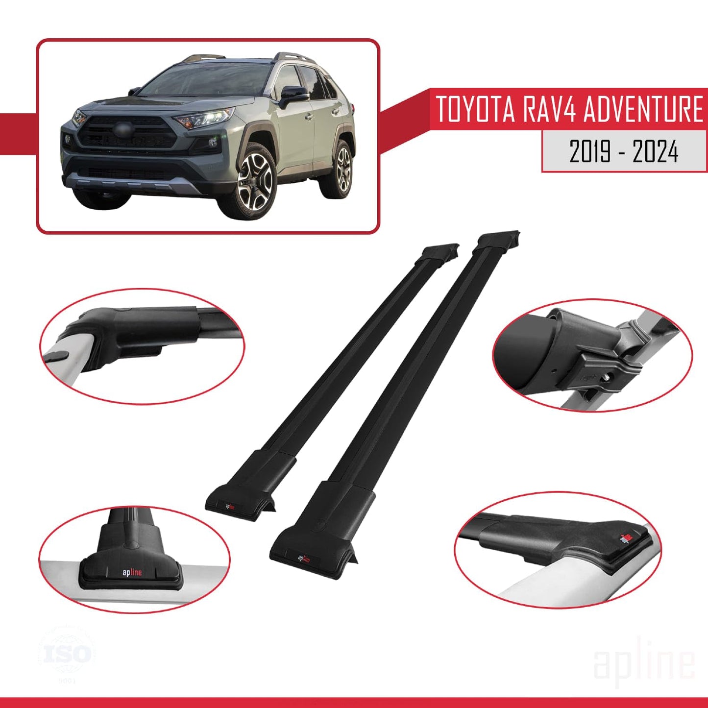 Compatible with Toyota RAV4 Adventure 2019-2024 Fly Model Car Roof Rack Cross Bar Black Aluminium 2 Bars