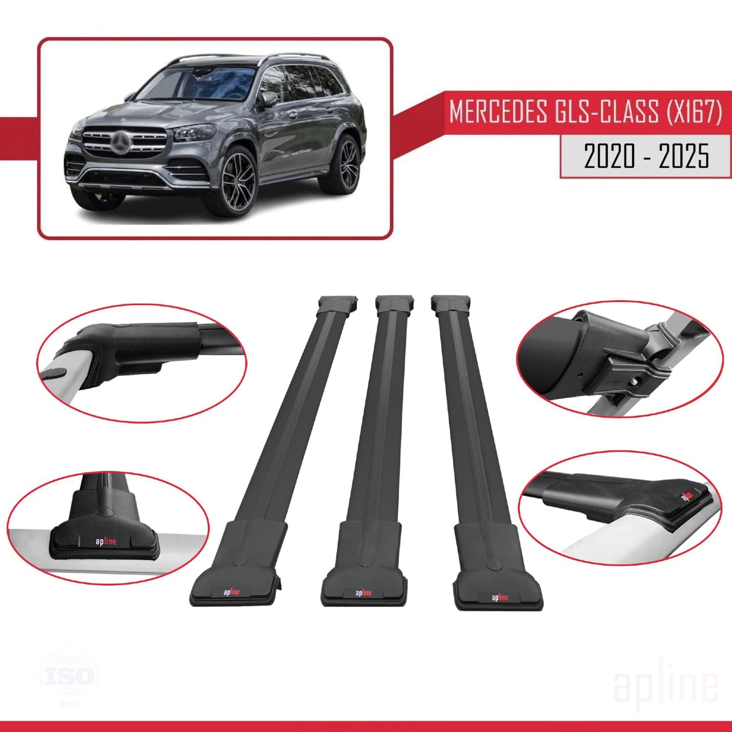 Compatible with Mercedes GLS Class (X167) 2020-2025 Fly Model Car Roof Rack Cross Bar Black Aluminium 3 Bars