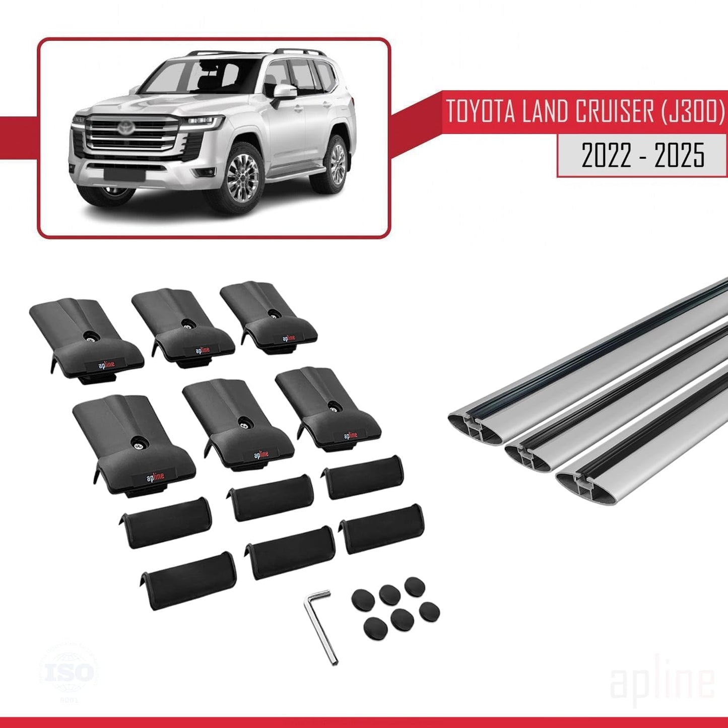Compatible with Toyota Land Cruiser (J300) 2022-2025 Fly Model Car Roof Rack Cross Bar Grey Aluminium 3 Bars