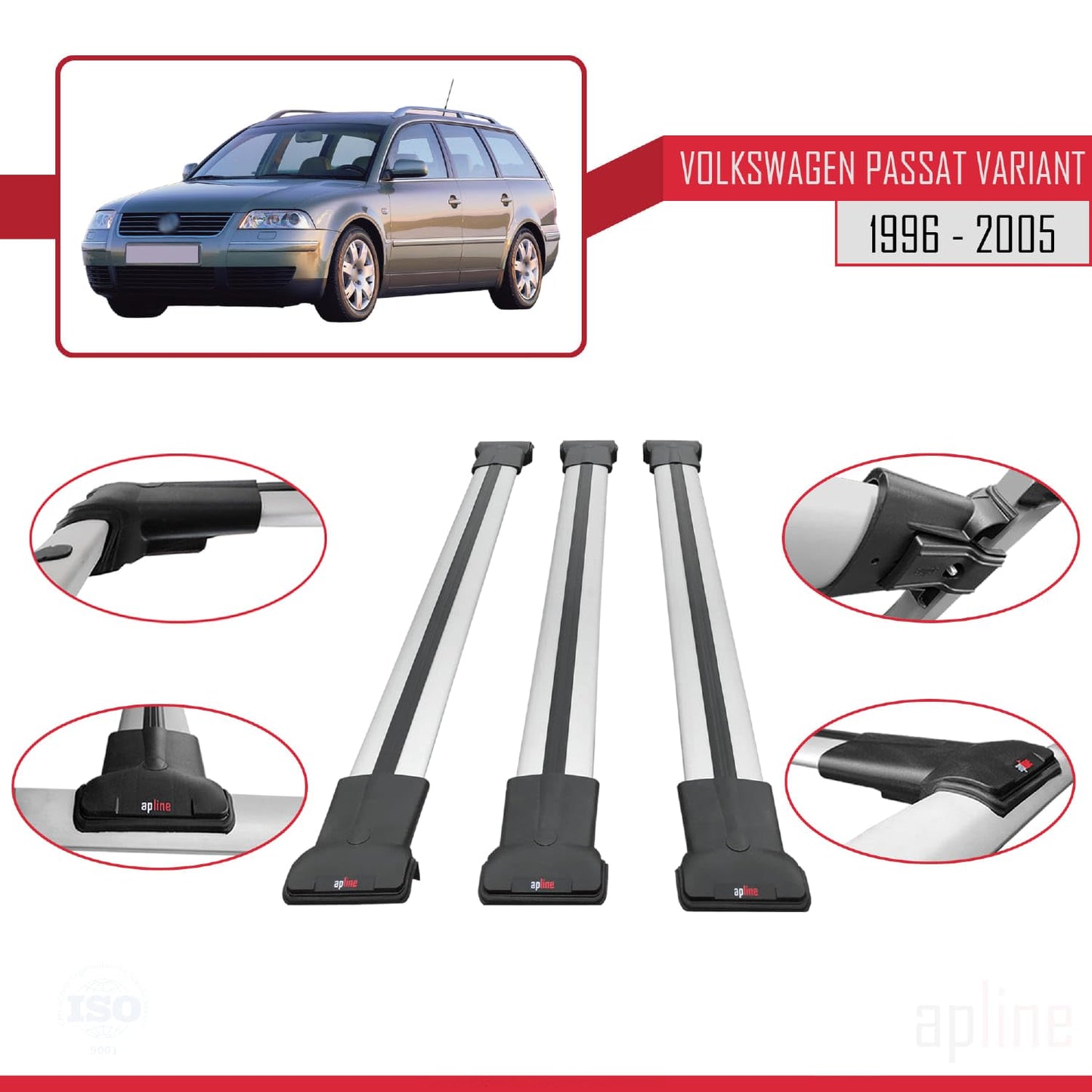 Compatible with VW Passat B5 Variant 1996-2005 Fly Model Car Roof Rack Cross Bar Grey Aluminium 3 Bars