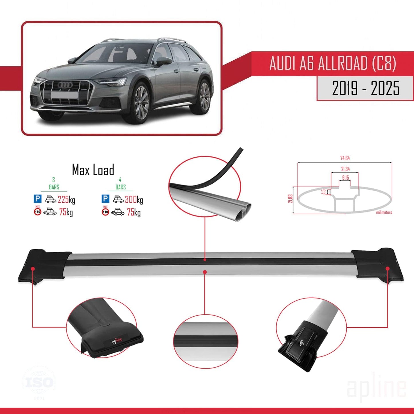Compatible with Audi A6 (C8) Allroad 2019-2025 Fly Model Car Roof Rack Cross Bar Grey Aluminium 3 Bars