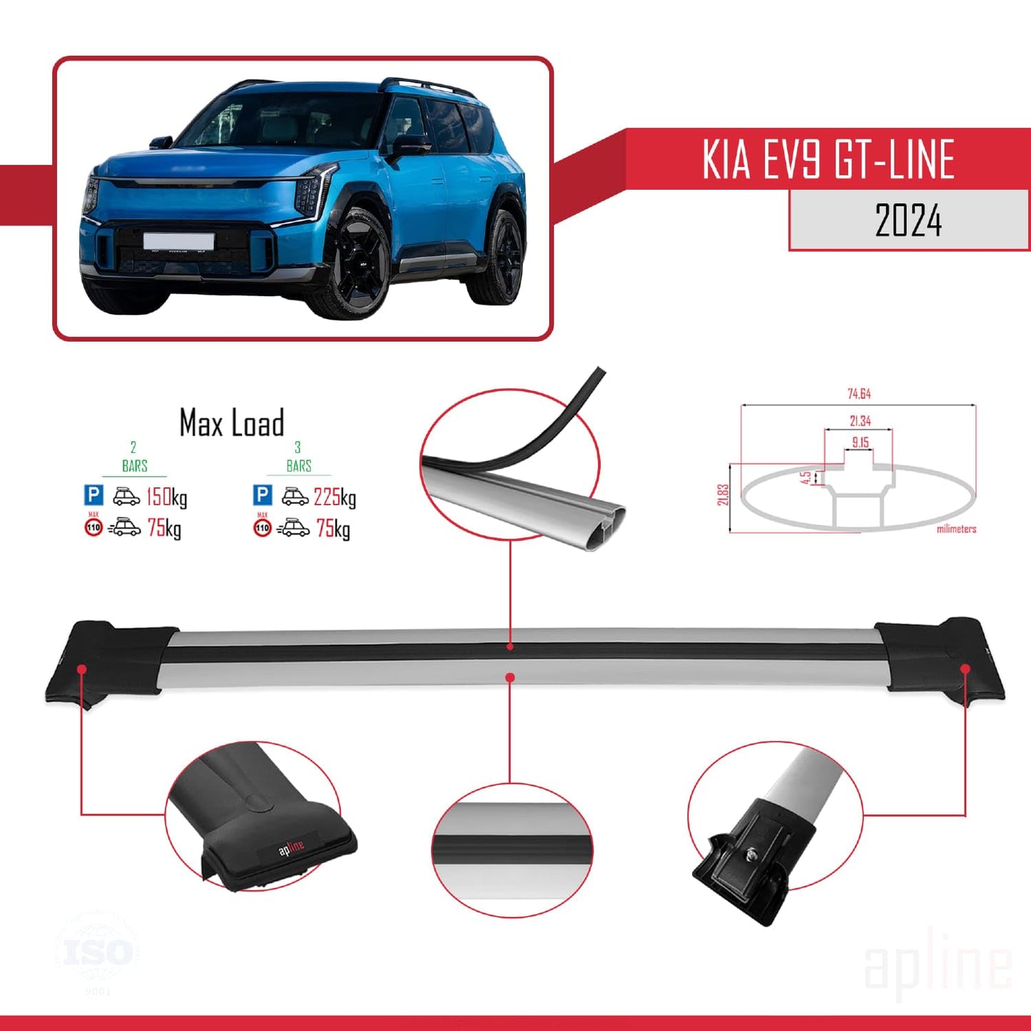 Compatible with KIA EV9 GT-LINE 2024-2025 Fly Model Car Roof Rack Cross Bar Grey Aluminium 2 Bars