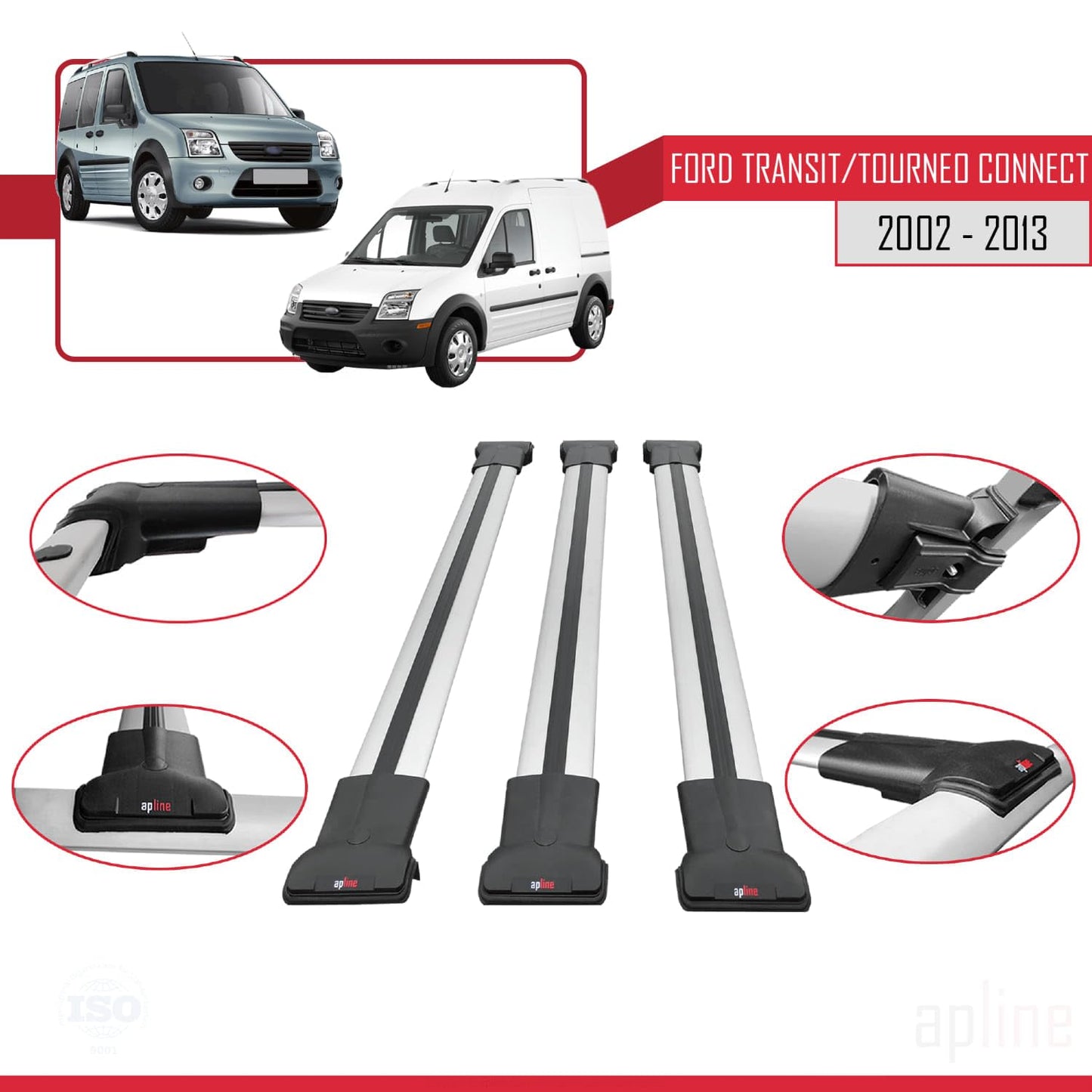 Compatible with Ford Transit/Tourneo Connect 2002-2013 Fly Model Car Roof Rack Cross Bar Grey Aluminium 3 Bars