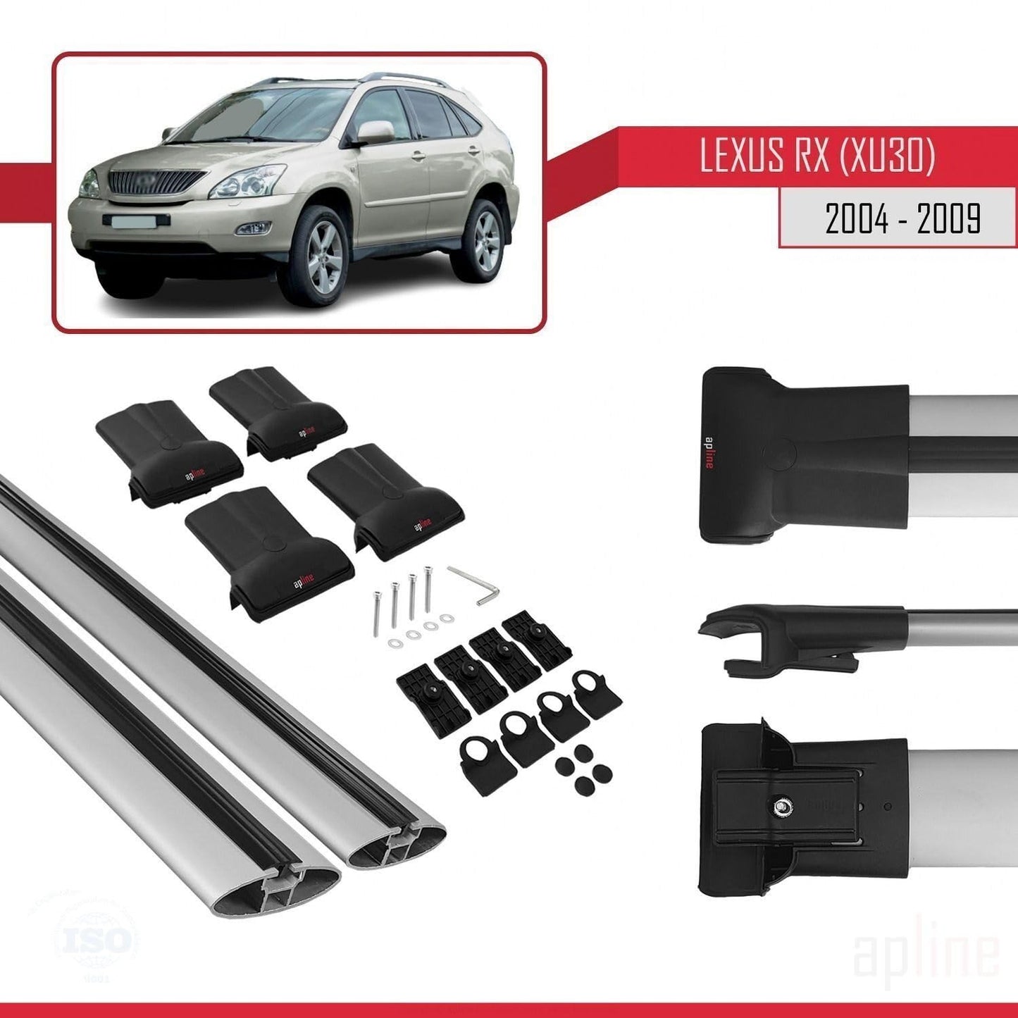 Compatible with Lexus RX 2 (XU30) 2004-2009 Fly Model Car Roof Rack Cross Bar Grey Aluminium 2 Bars