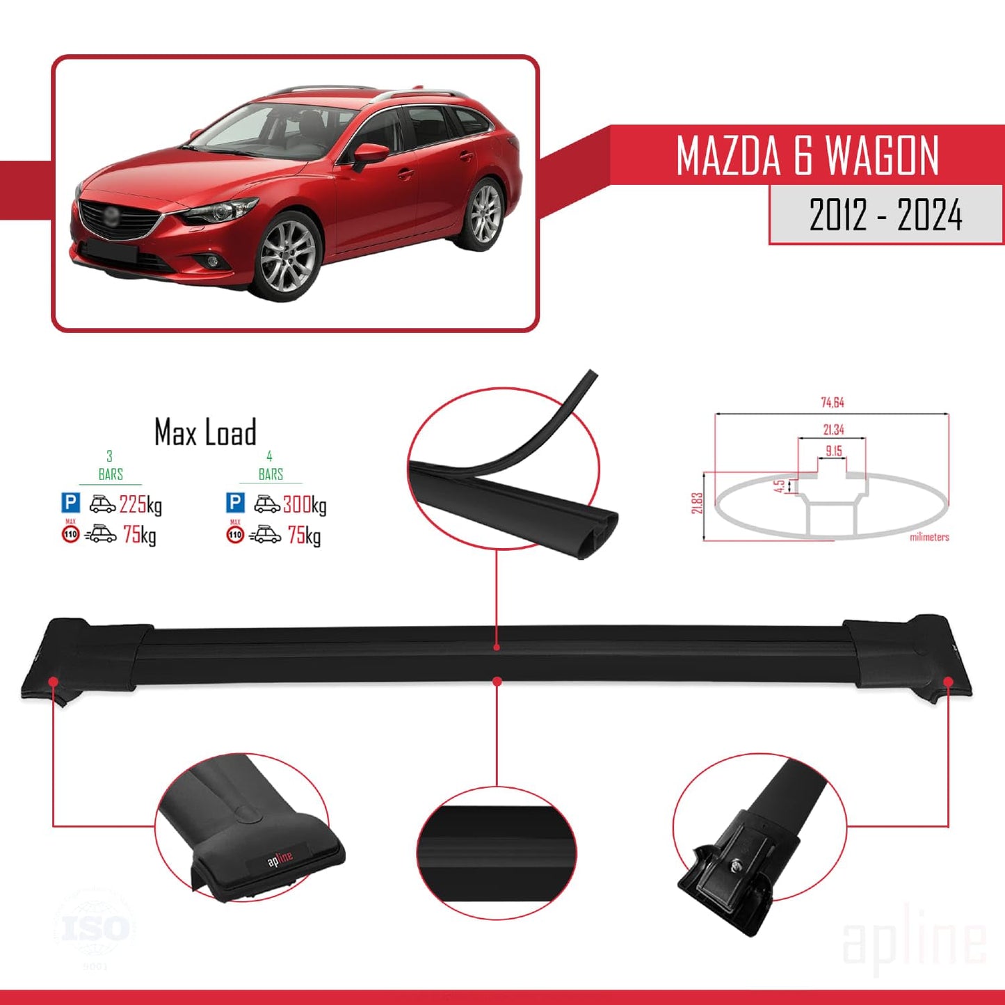 Compatible with Mazda 6 Wagon 2012-2024 Fly Model Car Roof Rack Cross Bar Black Aluminium 3 Bars
