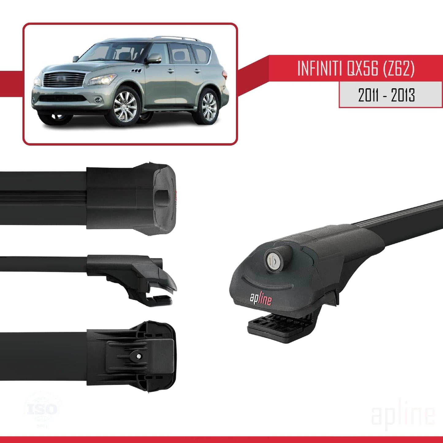 Compatible with IInfiniti QX56 (Z62) 2011-2013 ACE-1 Car Roof Rack Cross Bar Black Aluminium 3 Bars