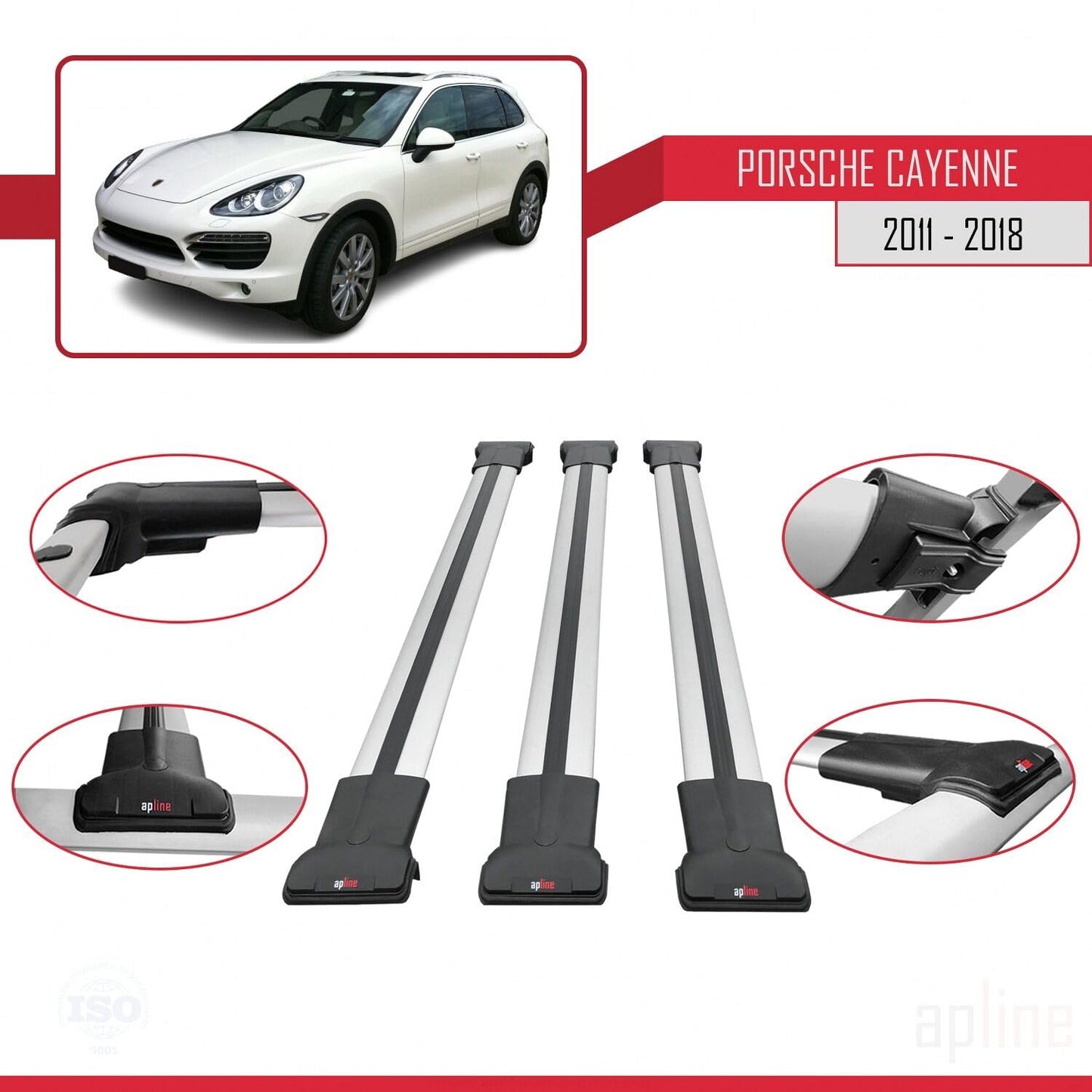 Compatible with Porsche Cayenne 2 (92A) 2011-2018 Fly Model Car Roof Rack Cross Bar Grey Aluminium 3 Bars