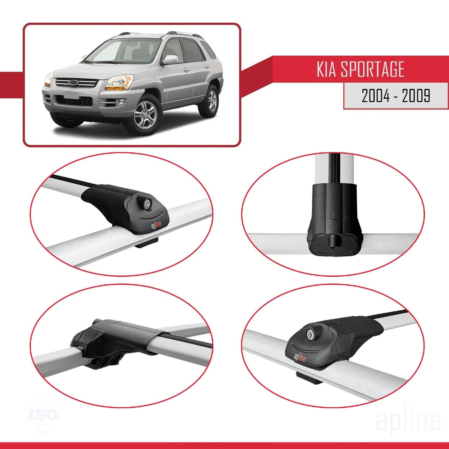 Compatible with Kia Sportage 2 (JE) 2004-2009 ACE-1 Car Roof Rack Cross Bar Grey Aluminium 3 Bars