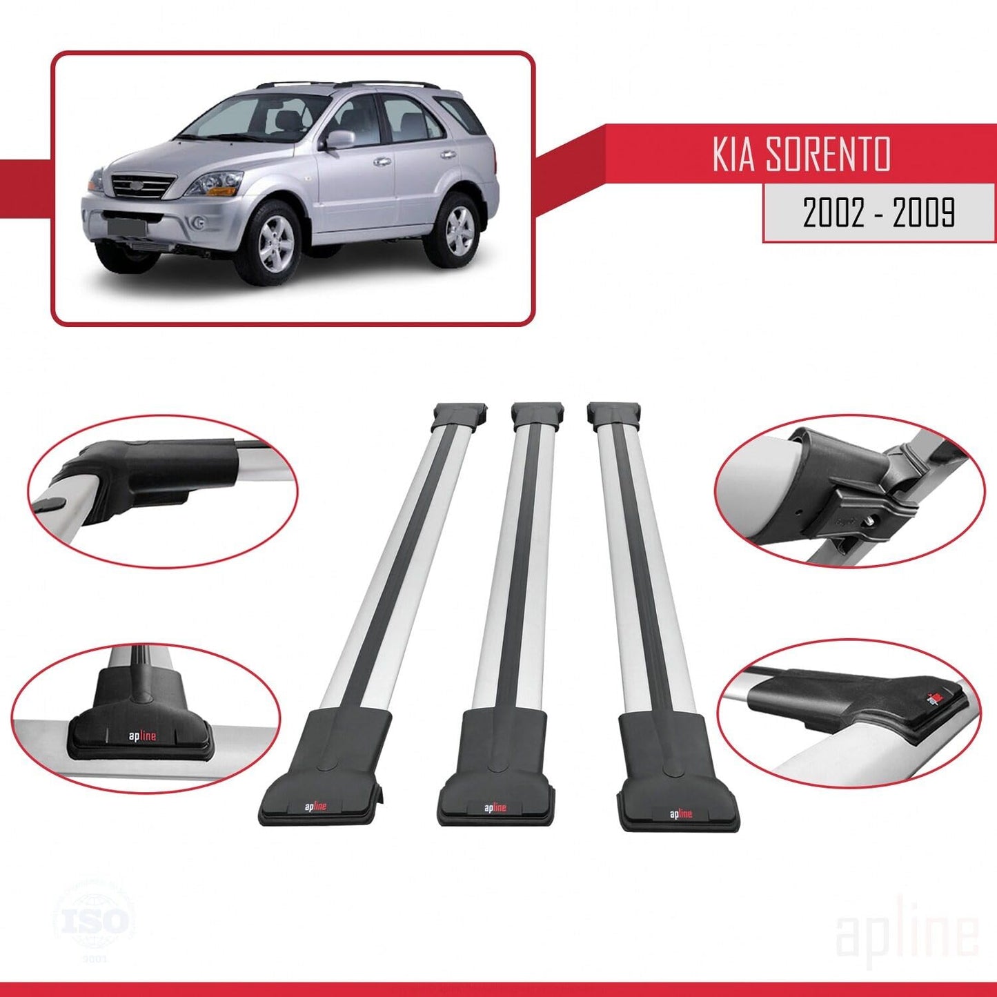 Compatible with Kia Sorento (BL) 2002-2009 Fly Model Car Roof Rack Cross Bar Grey Aluminium 3 Bars