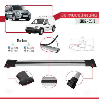 Compatible with Ford Transit/Tourneo Connect 2002-2013 Fly Model Car Roof Rack Cross Bar Grey Aluminium 2 Bars