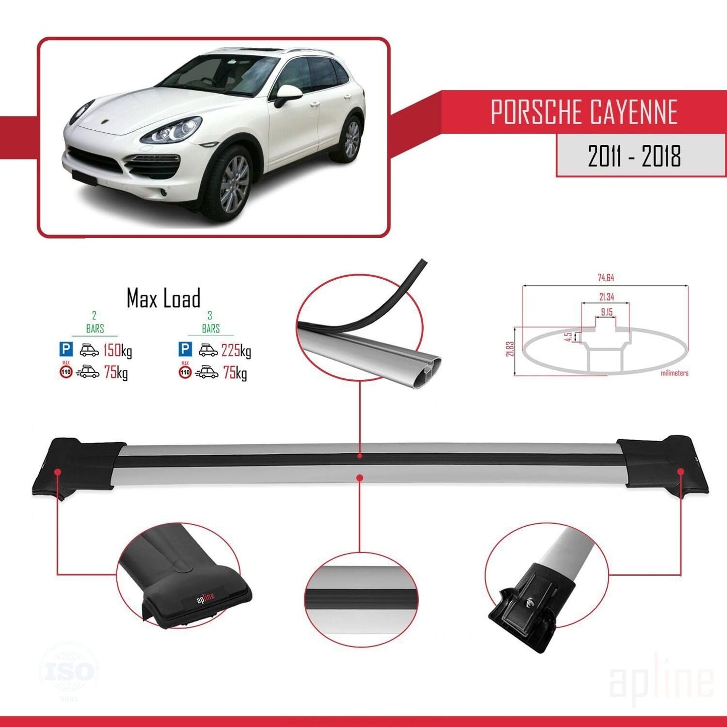 Compatible with Porsche Cayenne 2 (92A) 2011-2018 Fly Model Car Roof Rack Cross Bar Grey Aluminium 2 Bars