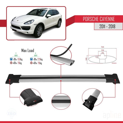 Compatible with Porsche Cayenne 2 (92A) 2011-2018 Fly Model Car Roof Rack Cross Bar Grey Aluminium 2 Bars