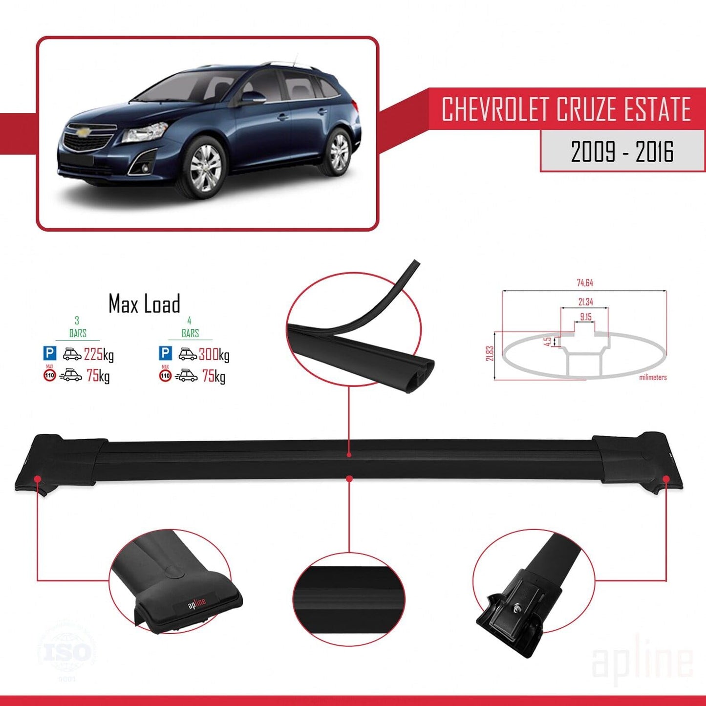 Compatible with Chevrolet Cruze (J300) 2009-2016 Fly Model Car Roof Rack Cross Bar Black Aluminium 3 Bars