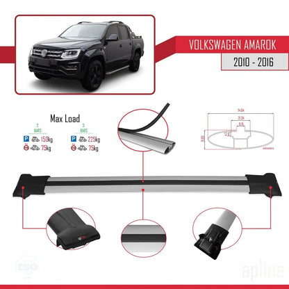 Compatible with Volkswagen Amarok (2F) Pre-Facelift 2010-2016 Fly Model Car Roof Rack Cross Bar Grey Aluminium 2 Bars
