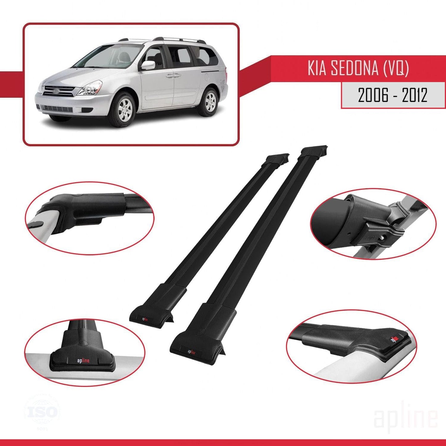 Compatible with Kia Sedona 2 (VQ) 2006-2012 Fly Model Car Roof Rack Cross Bar Black Aluminium 2 Bars