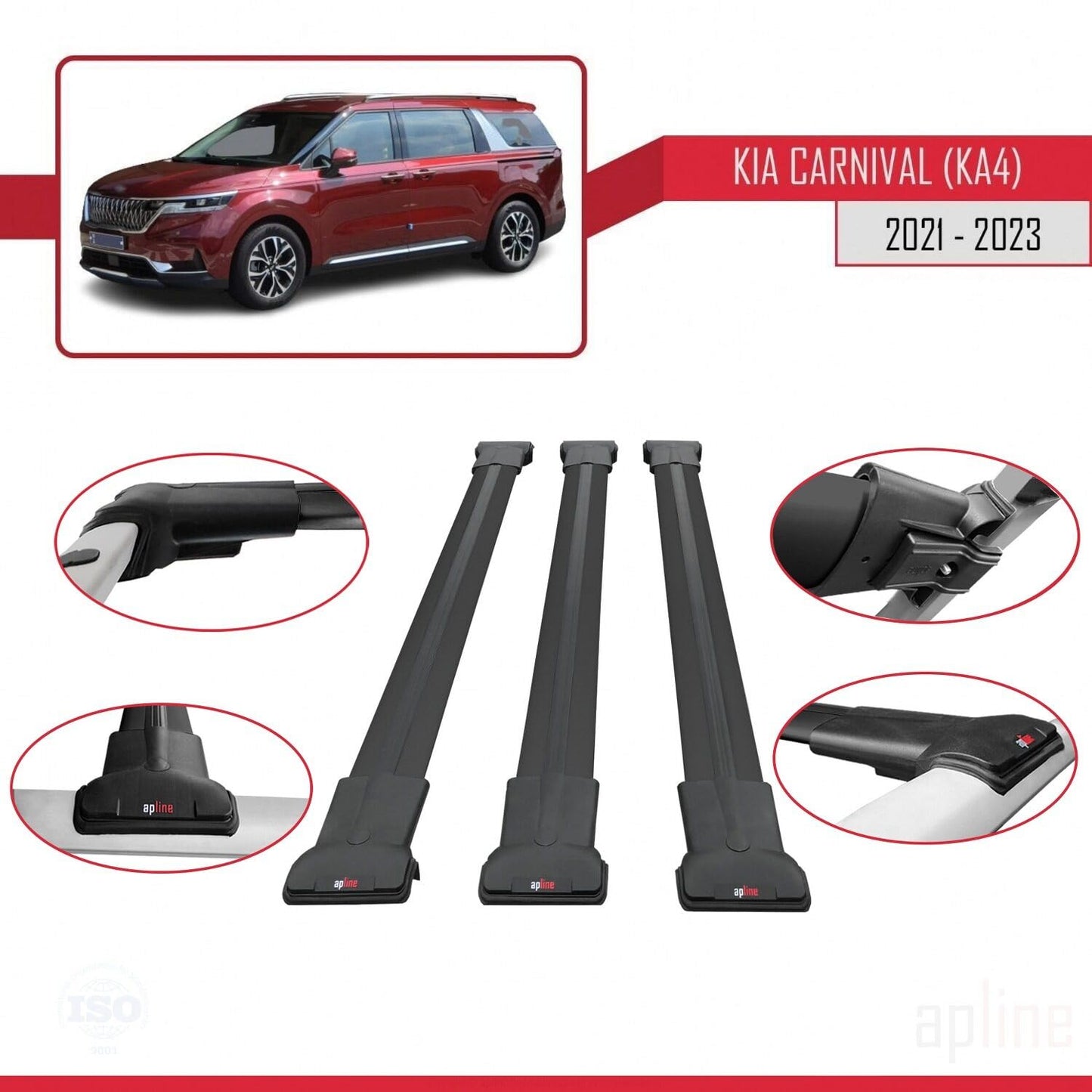 Compatible with Kia Carnival 4 (KA4) 2021-2023 Fly Model Car Roof Rack Cross Bar Black Aluminium 3 Bars