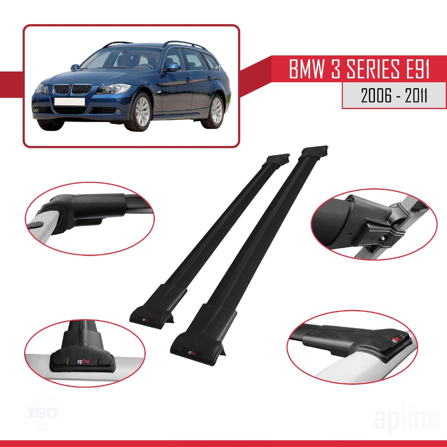 Compatible with BMW 3 Series E91 Touring 2006-2011 Fly Model Car Roof Rack Cross Bar Black Aluminium 2 Bars