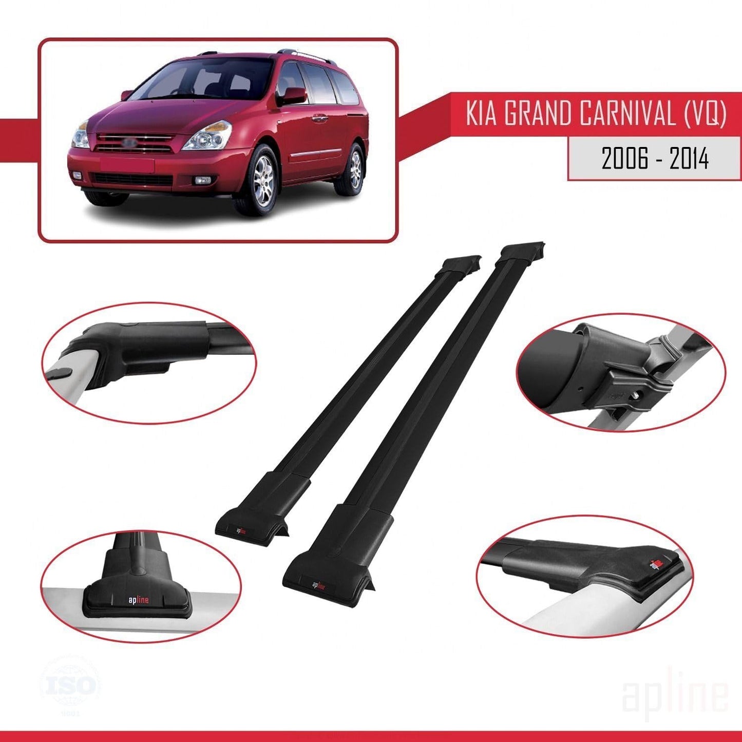 Compatible with Kia Grand Carnival 2 (VQ) 2006-2014 Fly Model Car Roof Rack Cross Bar Black Aluminium 2 Bars