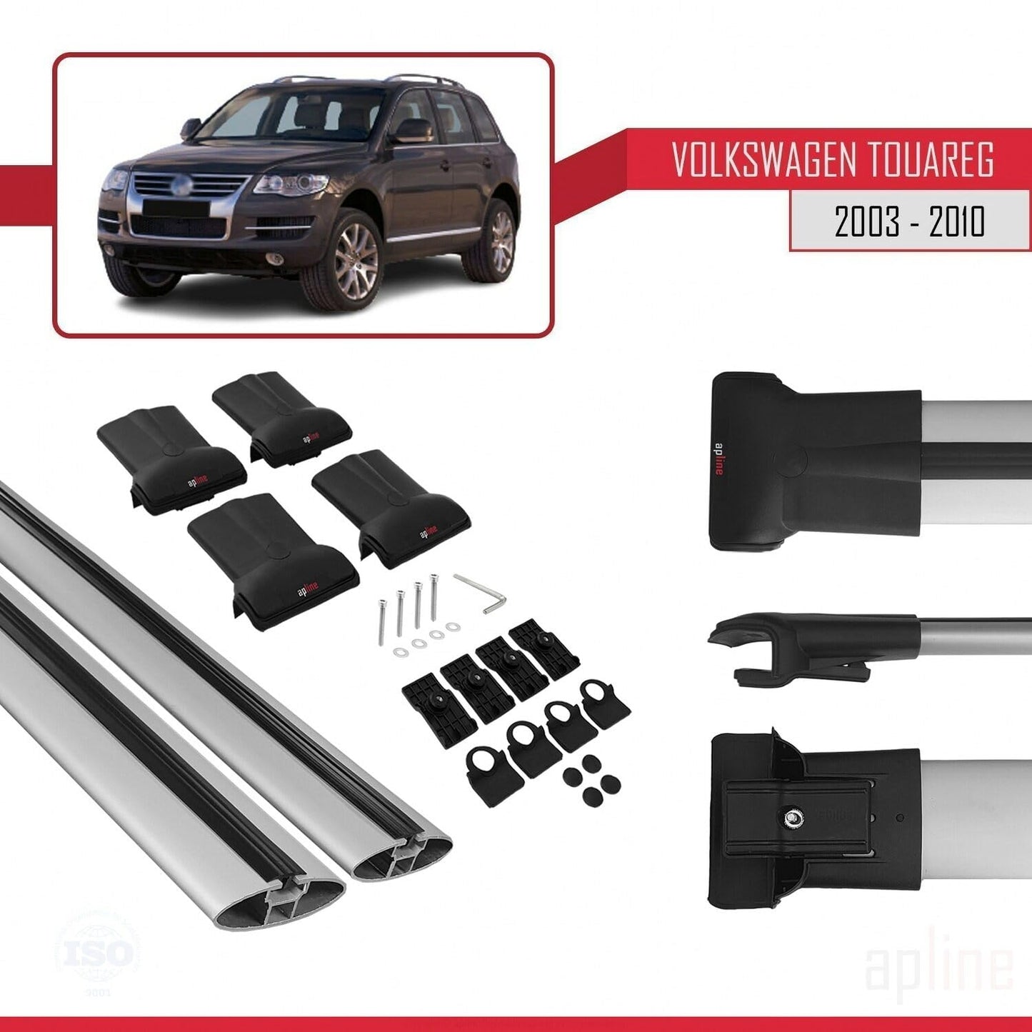 Compatible with Volkswagen Touareg (7L) 2002-2010 Fly Model Car Roof Rack Cross Bar Grey Aluminium 2 Bars