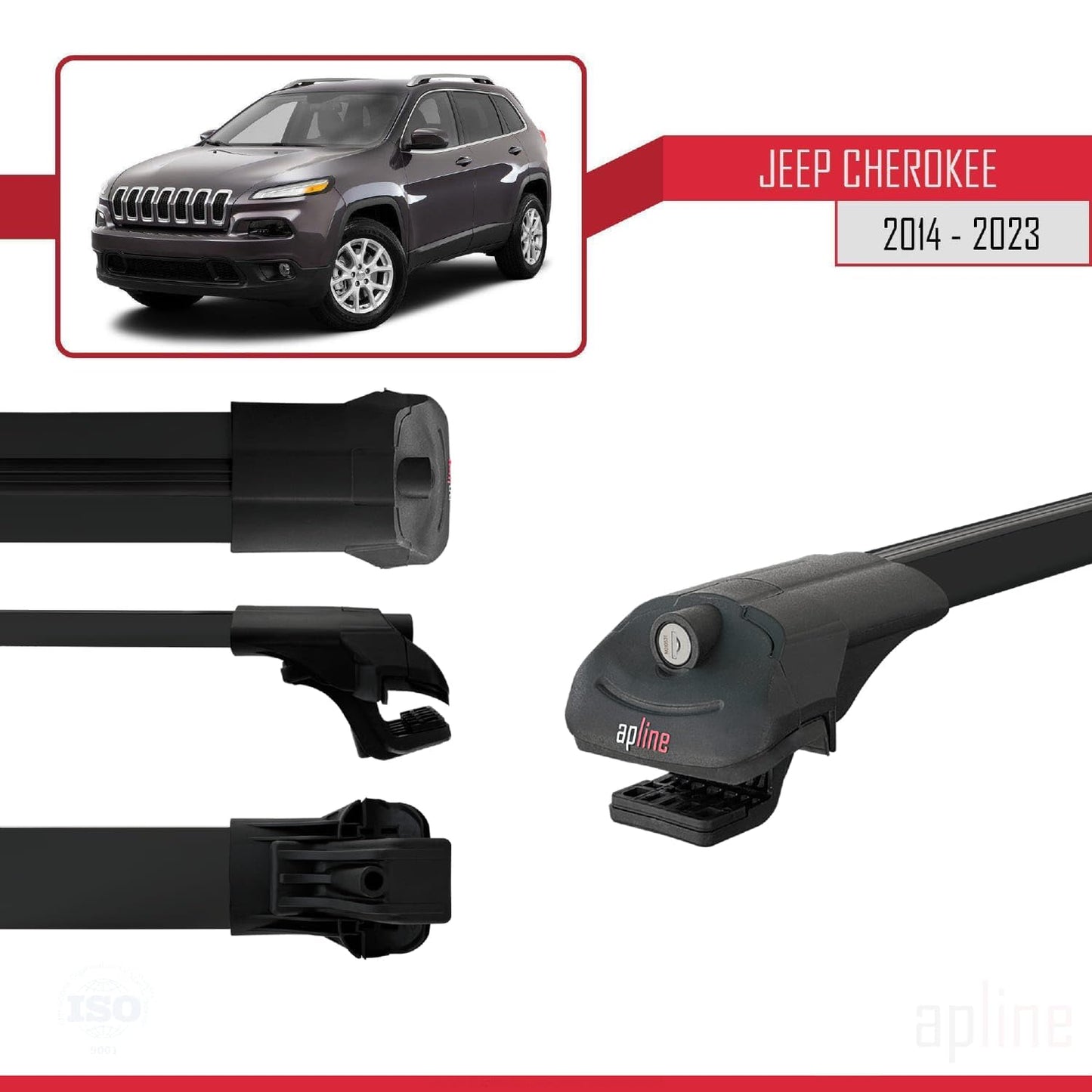 Compatible with Jeep Cherokee 5 (KL) 2014-2023 ACE-1 Car Roof Rack Cross Bar Black Aluminium 3 Bars