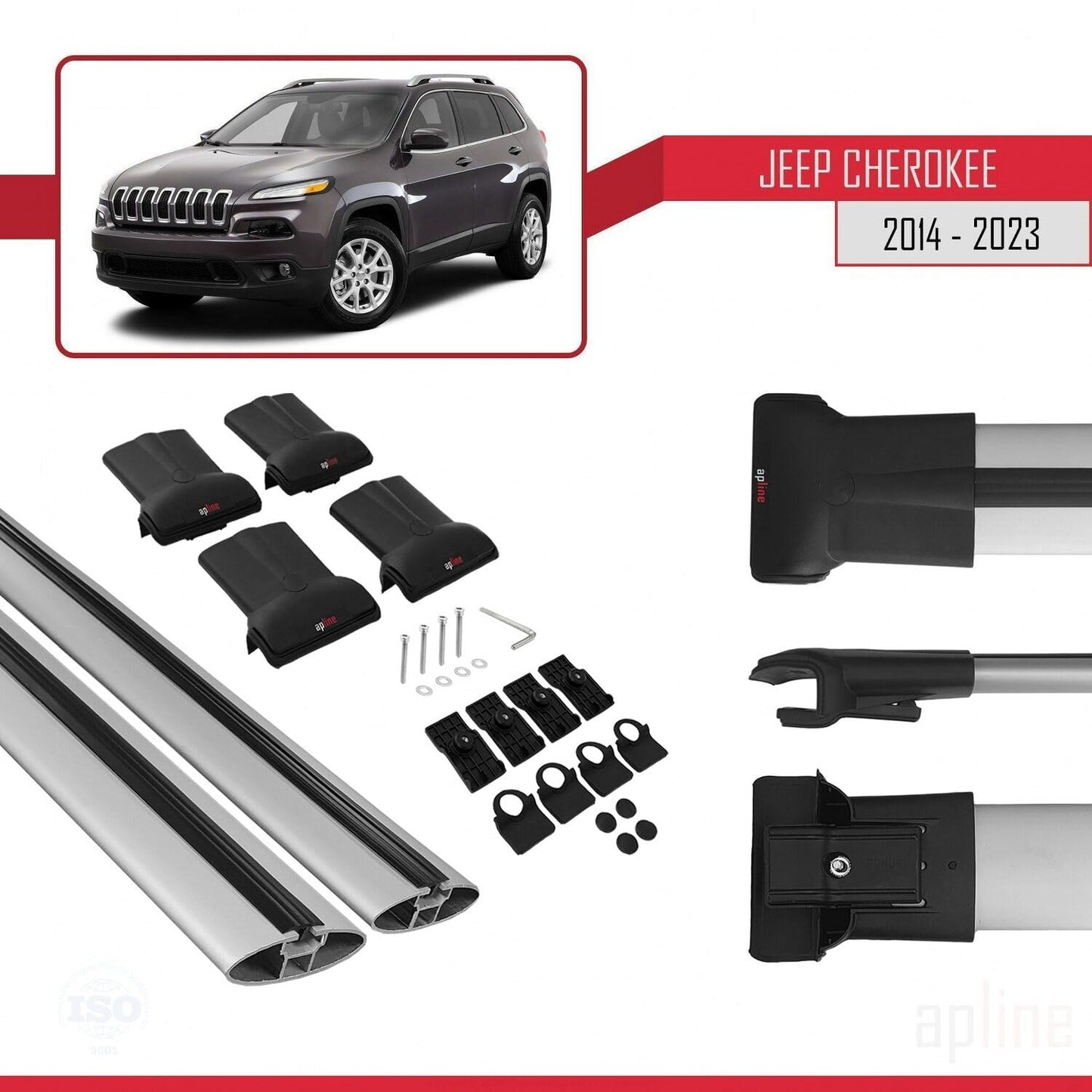 Compatible with Jeep Cherokee 5 (KL) 2014-2023 Fly Model Car Roof Rack Cross Bar Grey Aluminium 2 Bars