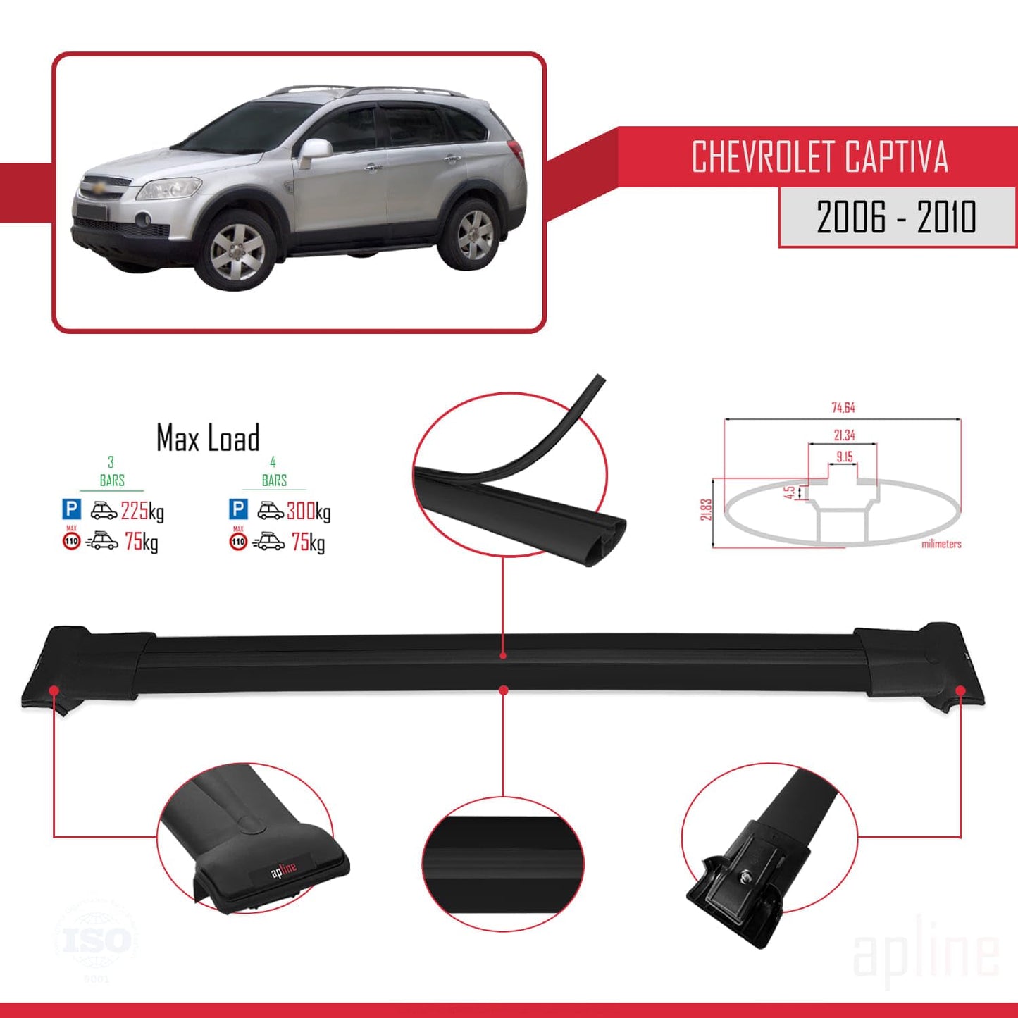Compatible with Chevrolet Captiva 2006-2010 Fly Model Car Roof Rack Cross Bar Black Aluminium 3 Bars