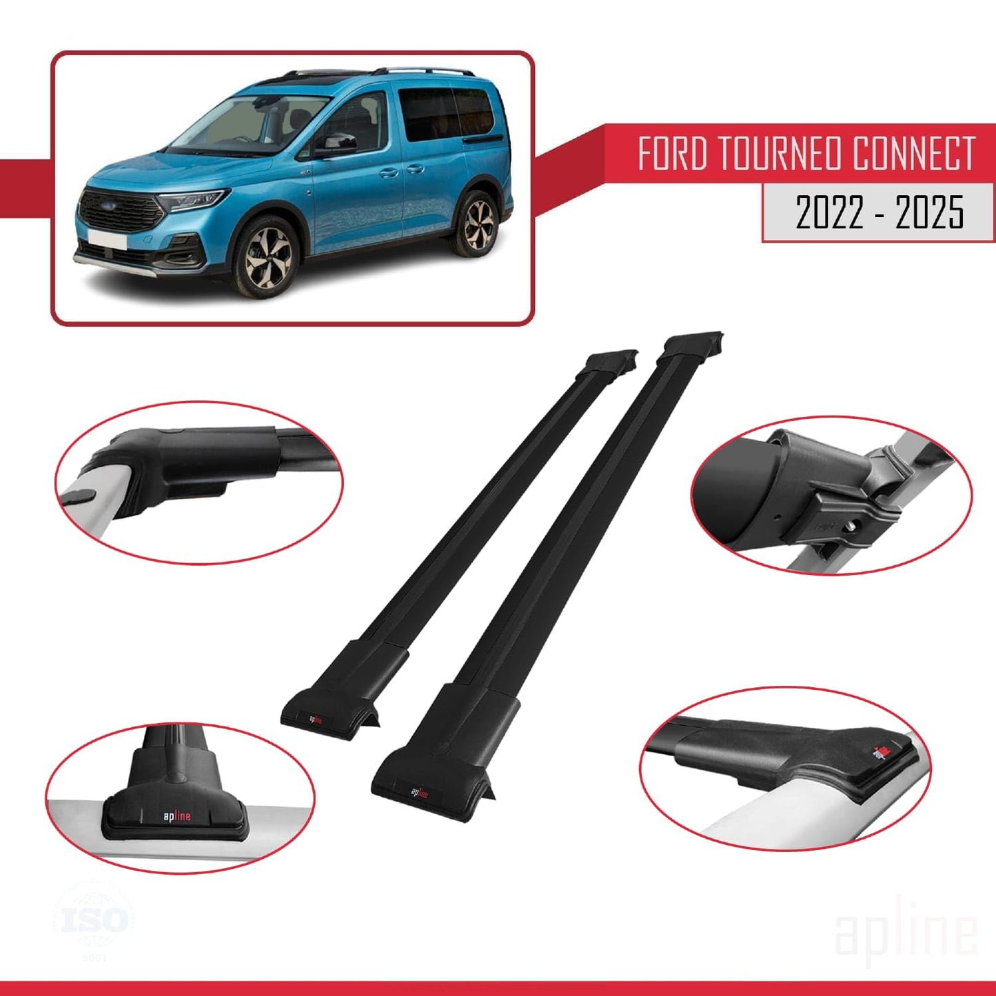 Compatible with Ford Transit/Tourneo Connect 3 2022-2025 Fly Model Car Roof Rack Cross Bar Black Aluminium 2 Bars