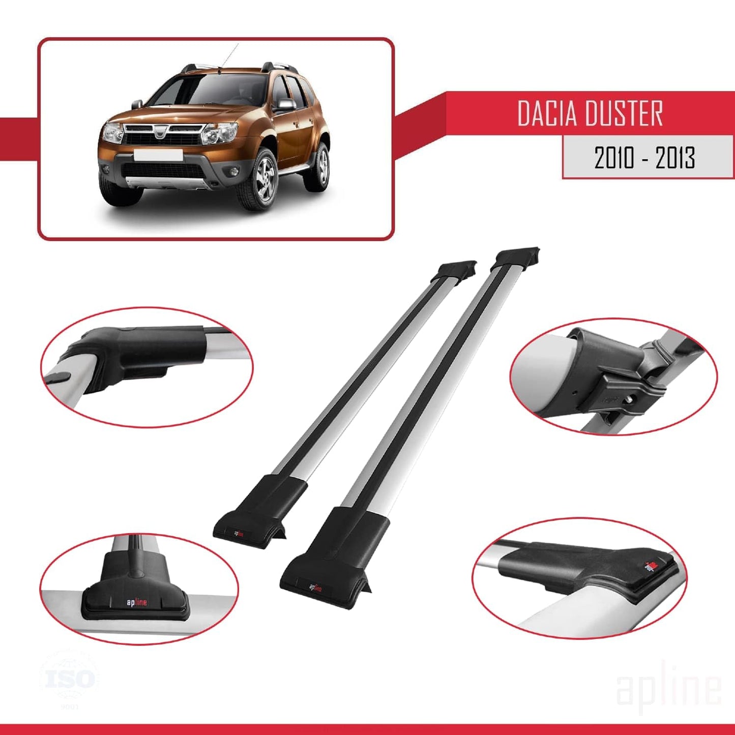 Compatible with Dacia Duster (HS) Pre-Facelift 2010-2013 Fly Model Car Roof Rack Cross Bar Grey Aluminium 2 Bars