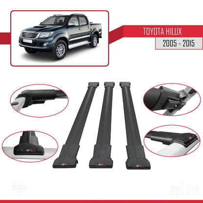 Compatible with Toyota Hilux 7 (AN30) 2005-2015 Fly Model Car Roof Rack Cross Bar Black Aluminium 3 Bars