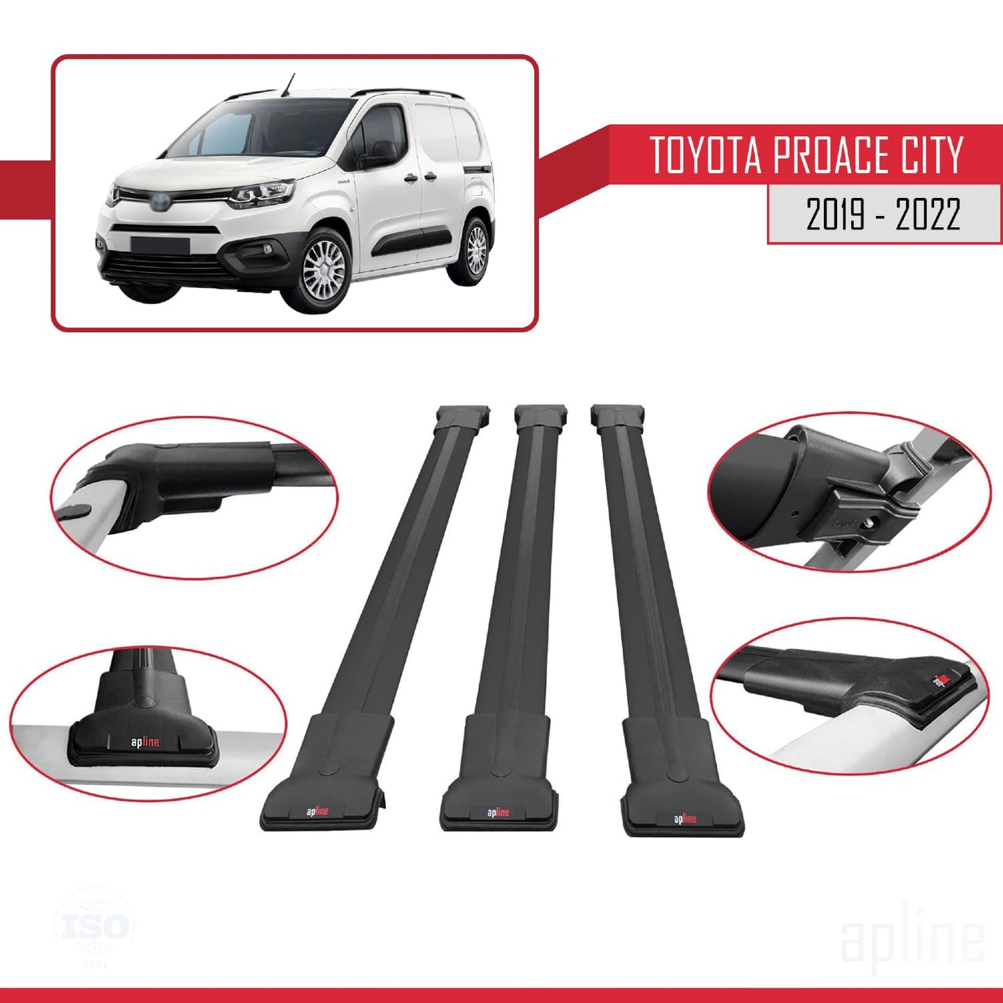 Compatible with Toyota Proace City 2019-2022 Fly Model Car Roof Rack Cross Bar Black Aluminium 3 Bars