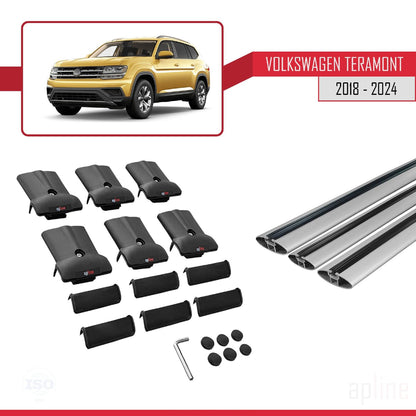 Compatible with Volkswagen Teramont (CA1) 2018-2024 Fly Model Car Roof Rack Cross Bar Grey Aluminium 3 Bars