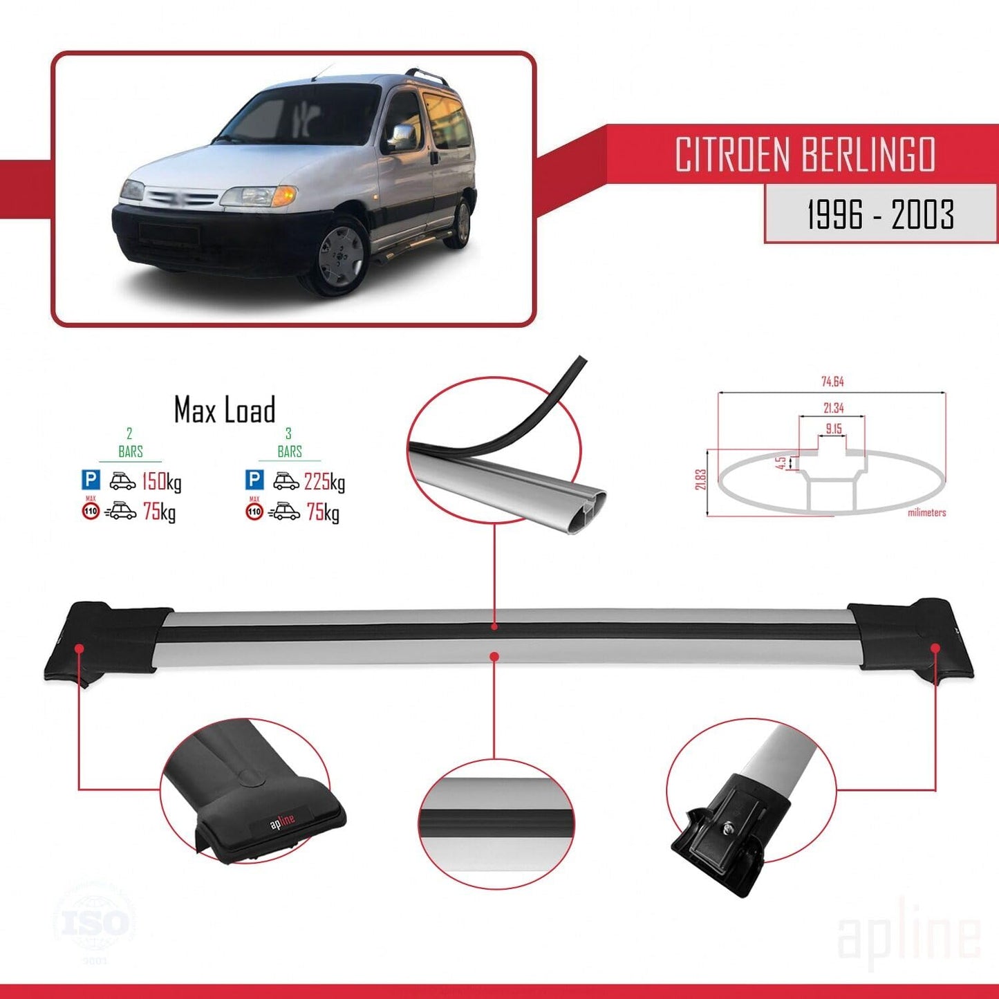 Compatible with Citroen Berlingo (M49) 1996-2003 Fly Model Car Roof Rack Cross Bar Grey Aluminium 2 Bars