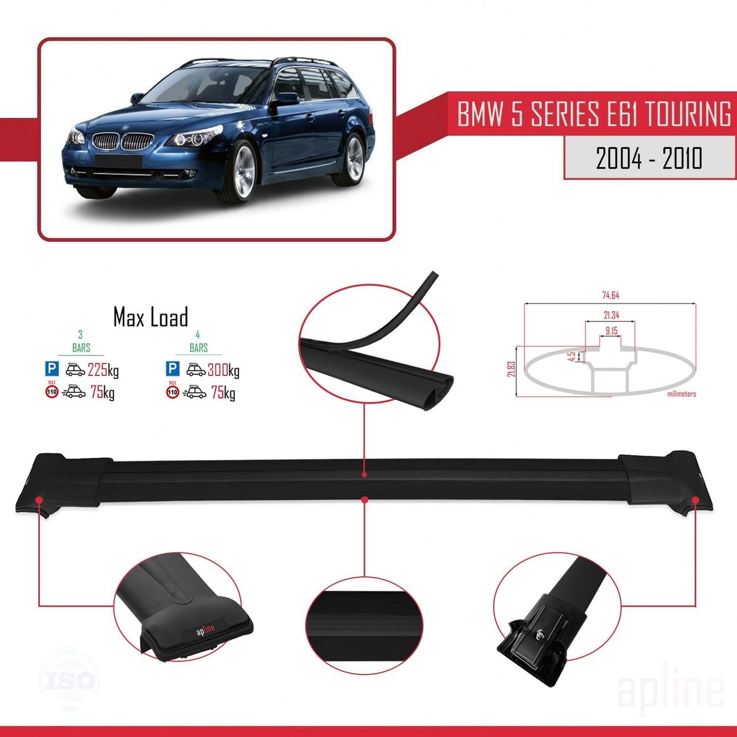 Compatible with BMW 5 Series (E61) Touring 2004-2010 Fly Model Car Roof Rack Cross Bar Black Aluminium 3 Bars