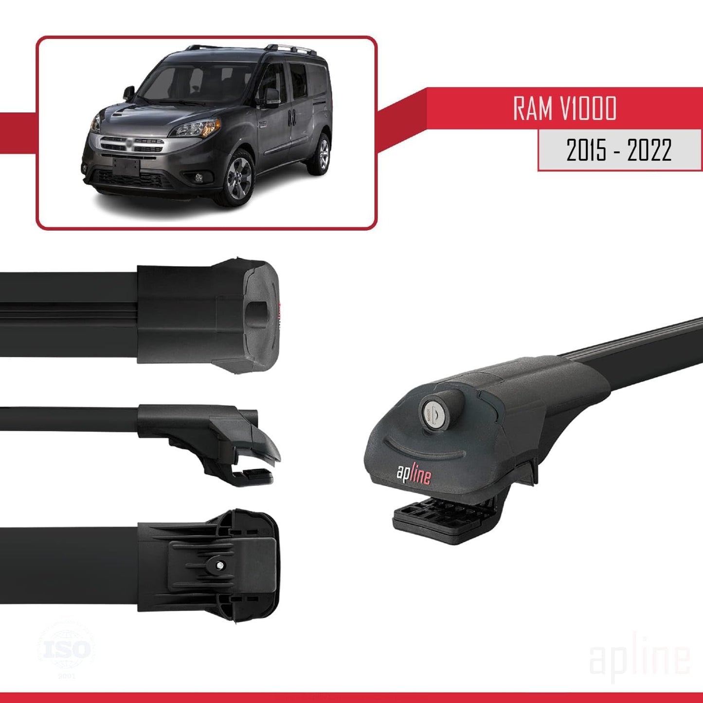 Compatible with Ram V1000 2015-2022 ACE-1 Car Roof Rack Cross Bar Black Aluminium 2 Bars