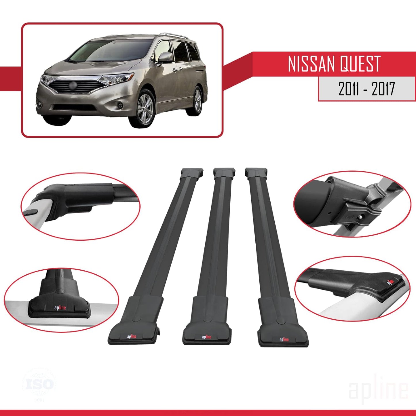 Compatible with Nissan Quest 2011-2017 Fly Model Car Roof Rack Cross Bar Black Aluminium 3 Bars