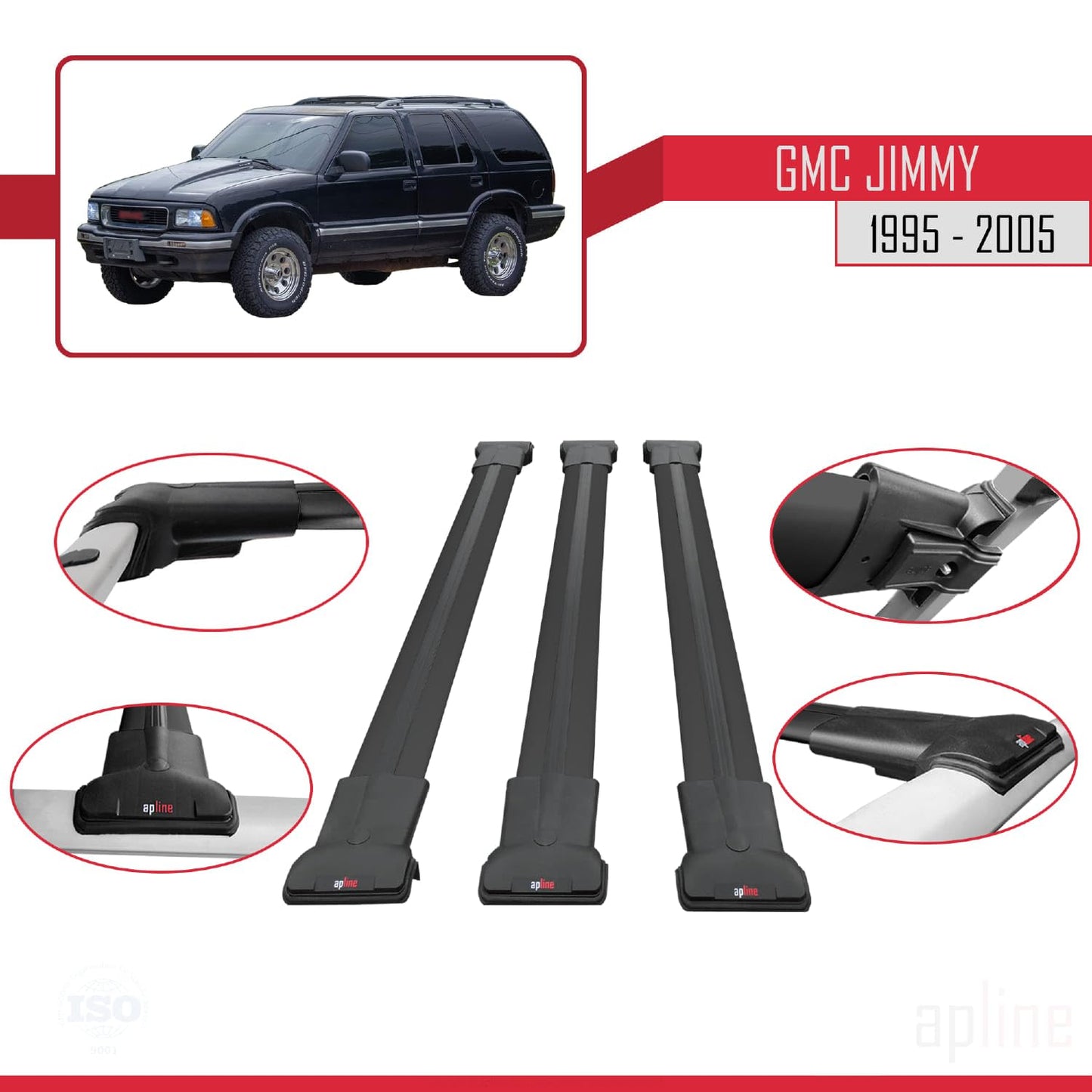 Compatible with GMC Jimmy 1995-2005 Fly Model Car Roof Rack Cross Bar Black Aluminium 3 Bars