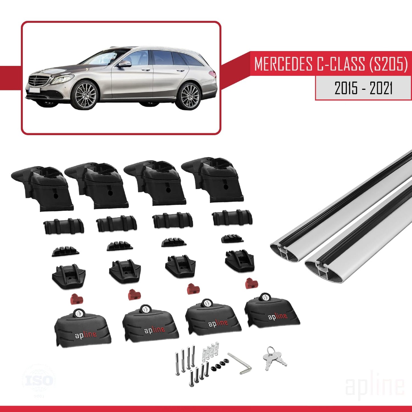 Compatible with Mercedes C Class 4 (S205) 2015-2021 ACE-2 Car Roof Rack Cross Bar Grey Aluminium 2 Bars