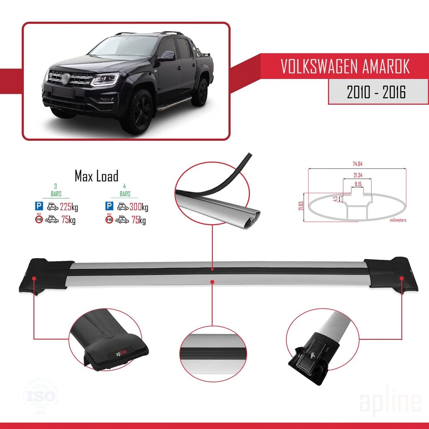 Compatible with Volkswagen Amarok (2F) Pre-Facelift 2010-2016 Fly Model Car Roof Rack Cross Bar Grey Aluminium 3 Bars