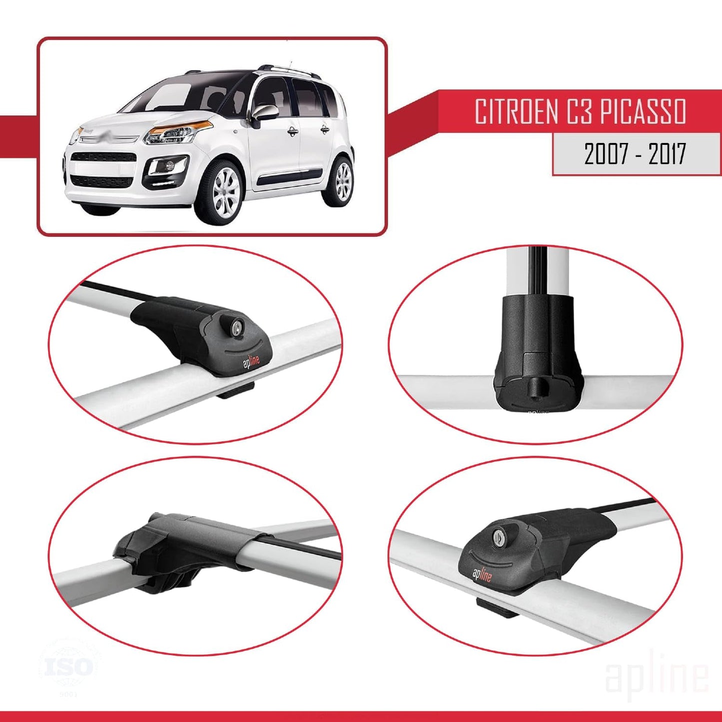 Compatible with Citroen C3 Picasso 2009-2017 ACE-1 Car Roof Rack Cross Bar Grey Aluminium 3 Bars