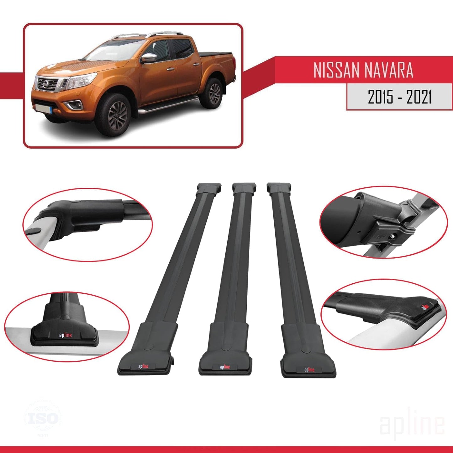 Compatible with Nissan Navara 4 (D23) 2015-2021 Fly Model Car Roof Rack Cross Bar Black Aluminium 3 Bars